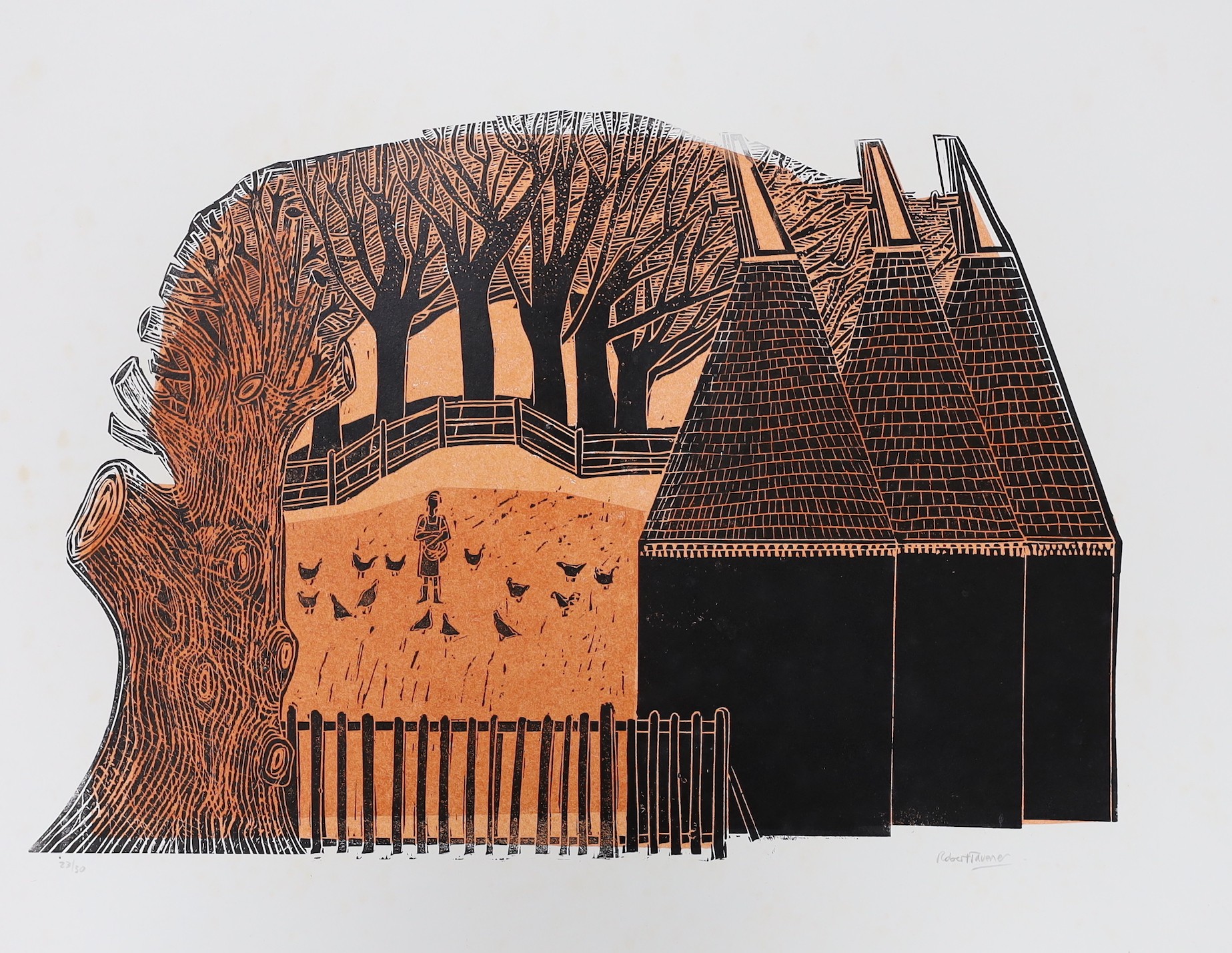 Robert Tavener (1920-2004), two wood engravings, Cathedral viewed from castle walls and Woman feeding chickens beside oast houses, both signed, numbered 25/75 and 23/30, overall 59 x 77cm and 45 x 58cm